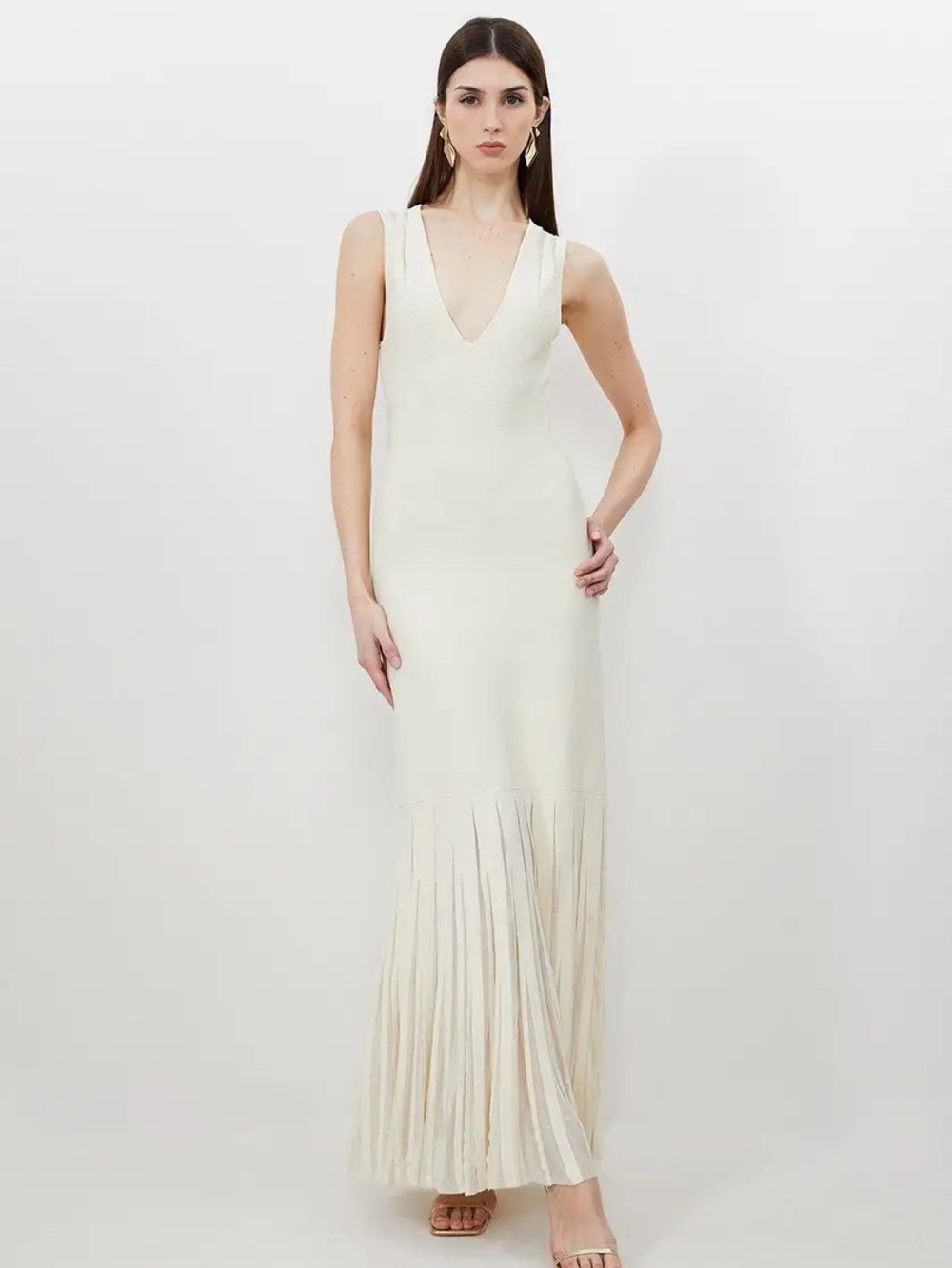 Karen Millen White/Cream Deep V-Neck Pleated-Hem Maxi Dress
